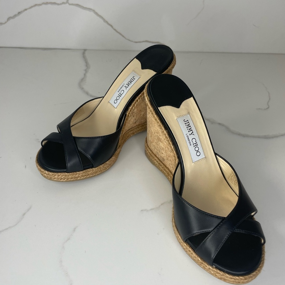 Jimmy Choo Black Leather Espadrille Wedge